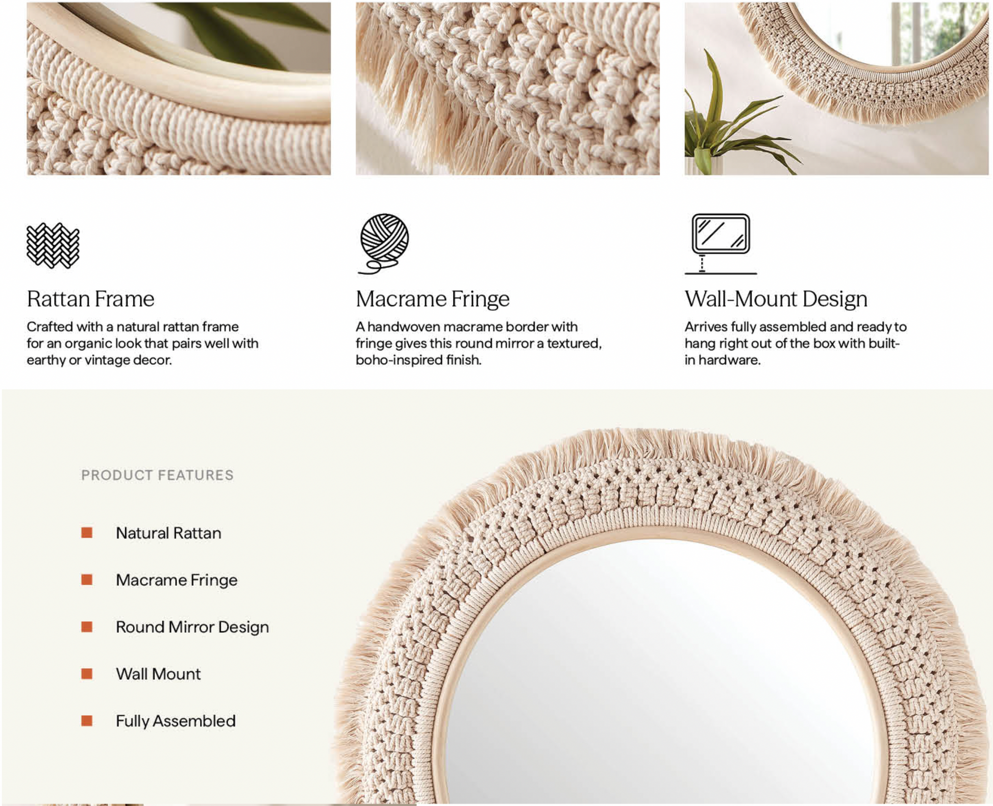 Jade Round Rattan Macrame Wall Mirror in Natural. - Venini Furniture 