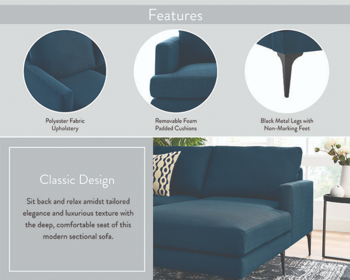 Evermore Right-Facing Upholstered Fabric Sectional Sofa. - Venini Furniture 