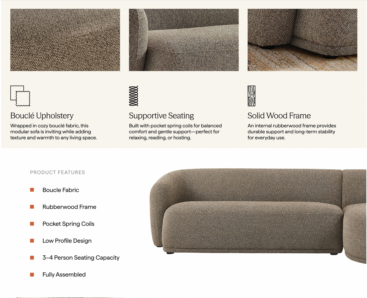 Monica 2 Piece Right Facing Boucle Fabric Modular Sofa with Chaise - Venini Furniture 