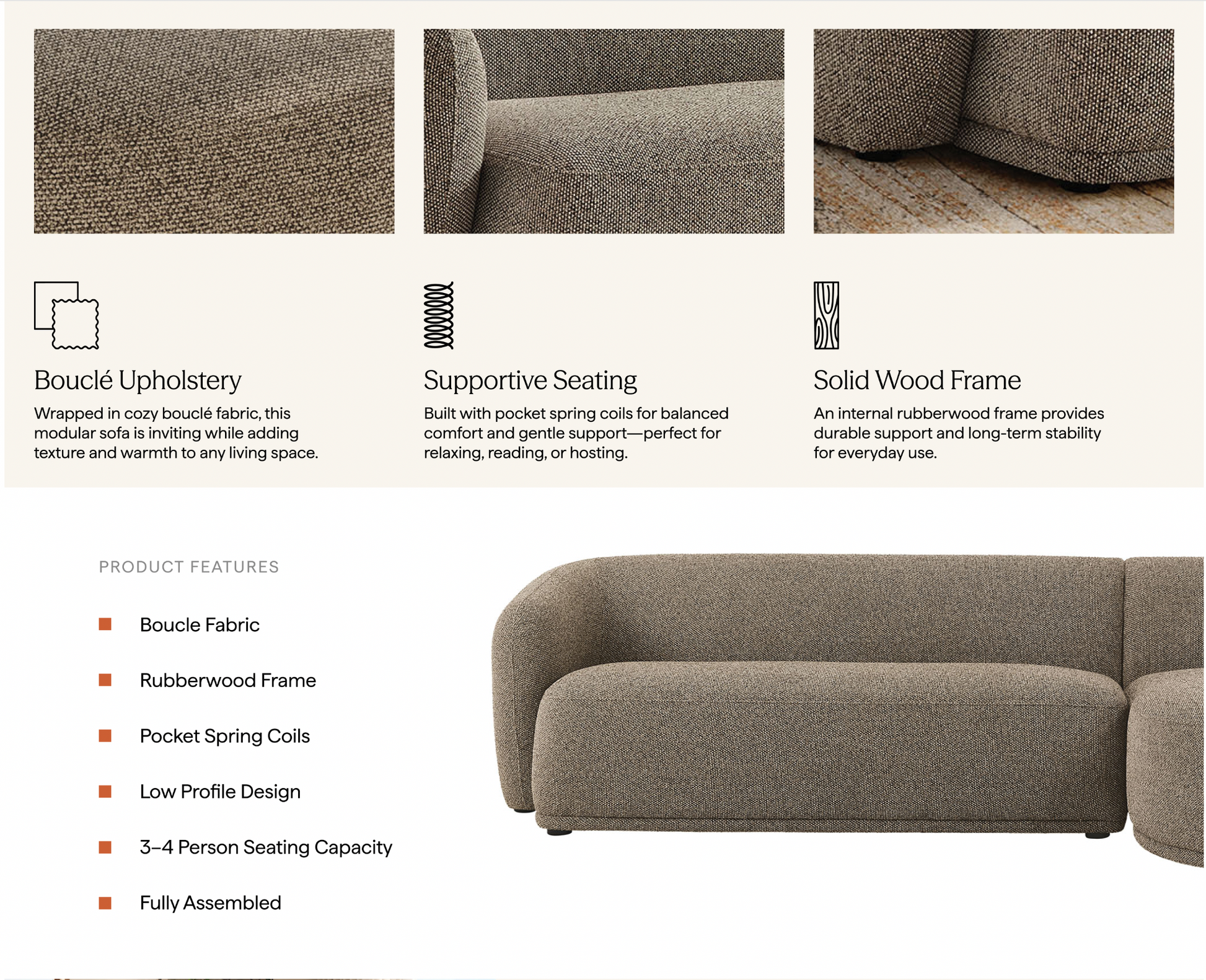 Monica 2 Piece Right Facing Boucle Fabric Modular Sofa with Chaise - Venini Furniture 